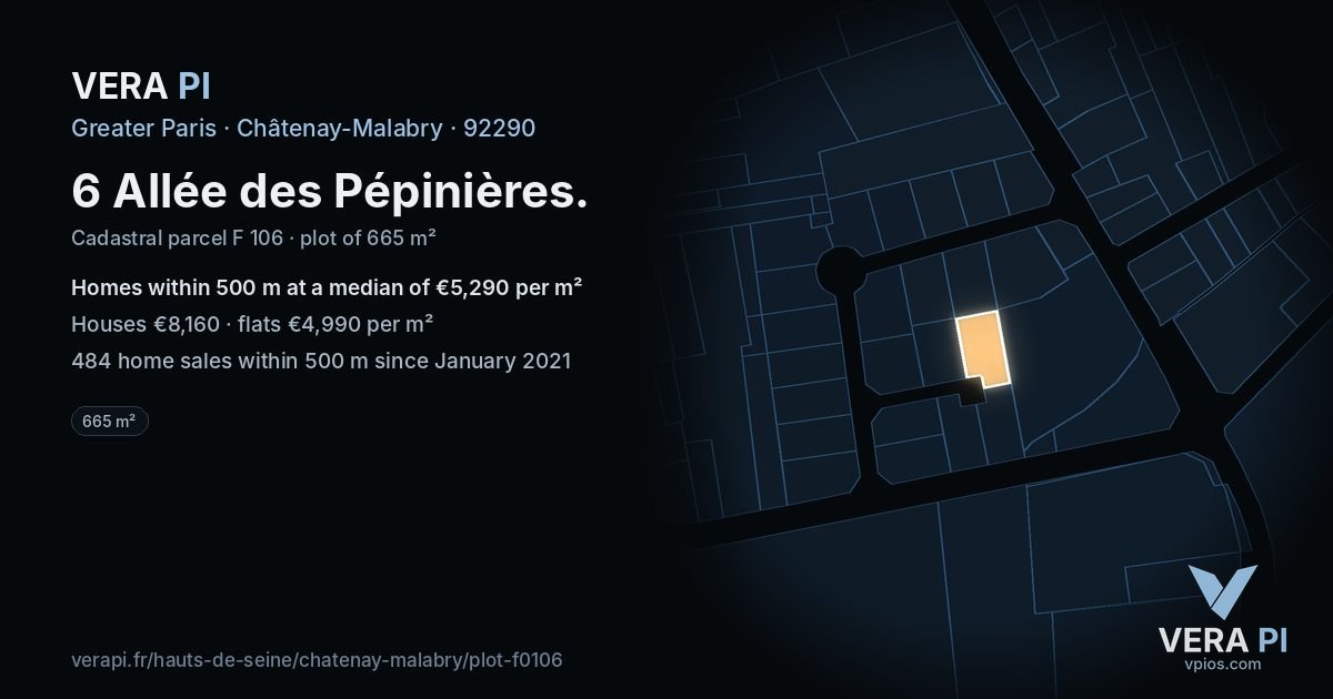 6 Allée des Pépinières, Châtenay-Malabry at night – the plot lit, the parcels around coloured by the prices near them