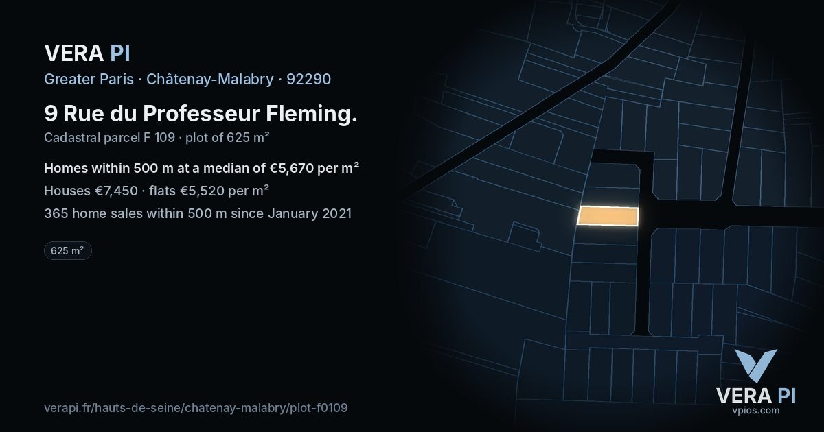 9 Rue du Professeur Fleming, Châtenay-Malabry at night – the plot lit, the parcels around coloured by the prices near them