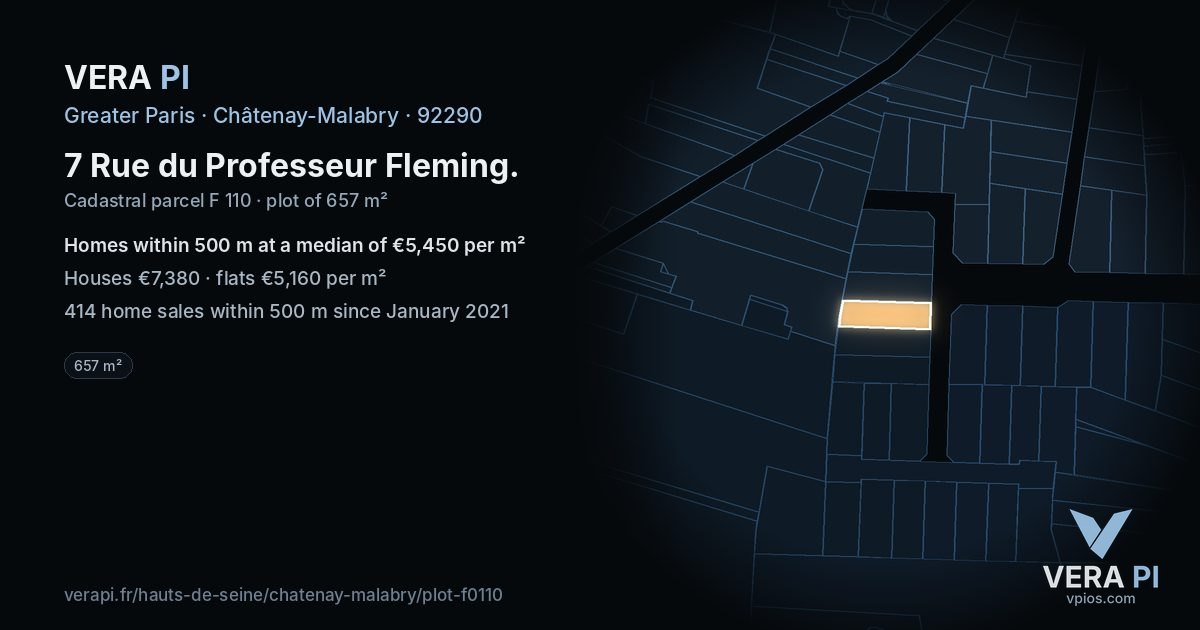 7 Rue du Professeur Fleming, Châtenay-Malabry at night – the plot lit, the parcels around coloured by the prices near them