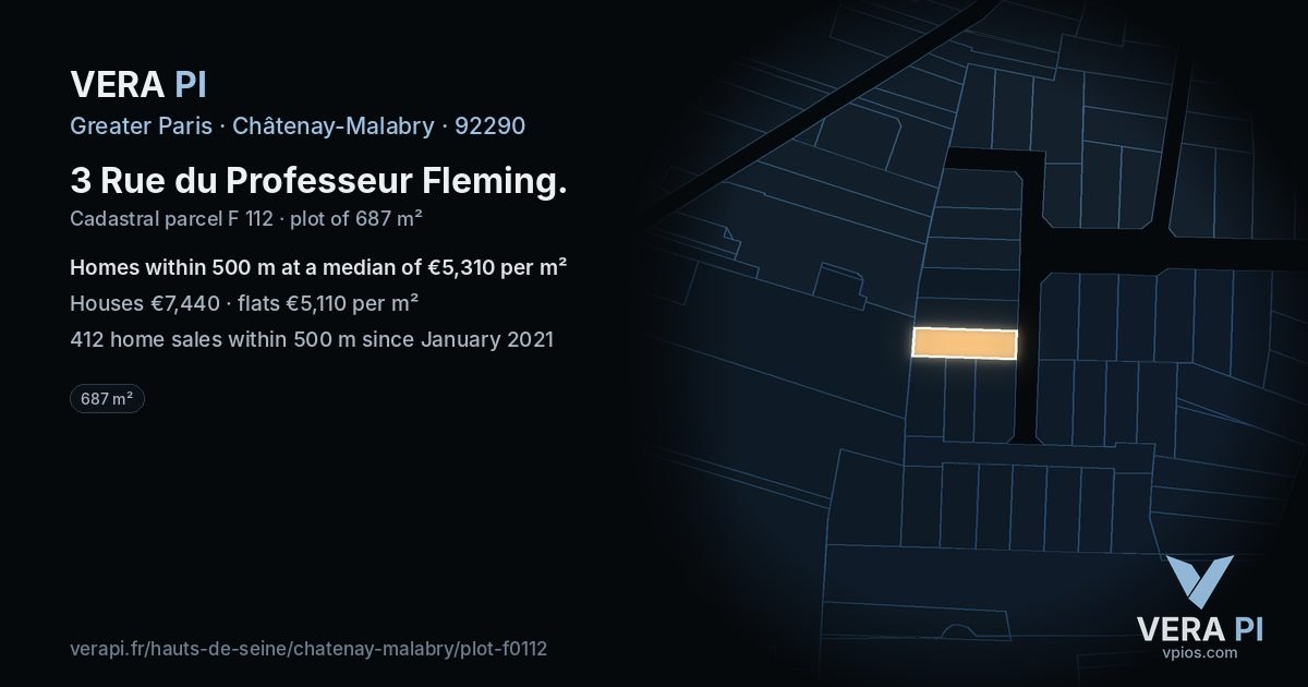 3 Rue du Professeur Fleming, Châtenay-Malabry at night – the plot lit, the parcels around coloured by the prices near them