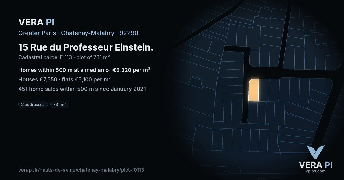 15 Rue du Professeur Einstein, Châtenay-Malabry at night – the plot lit, the parcels around coloured by the prices near them
