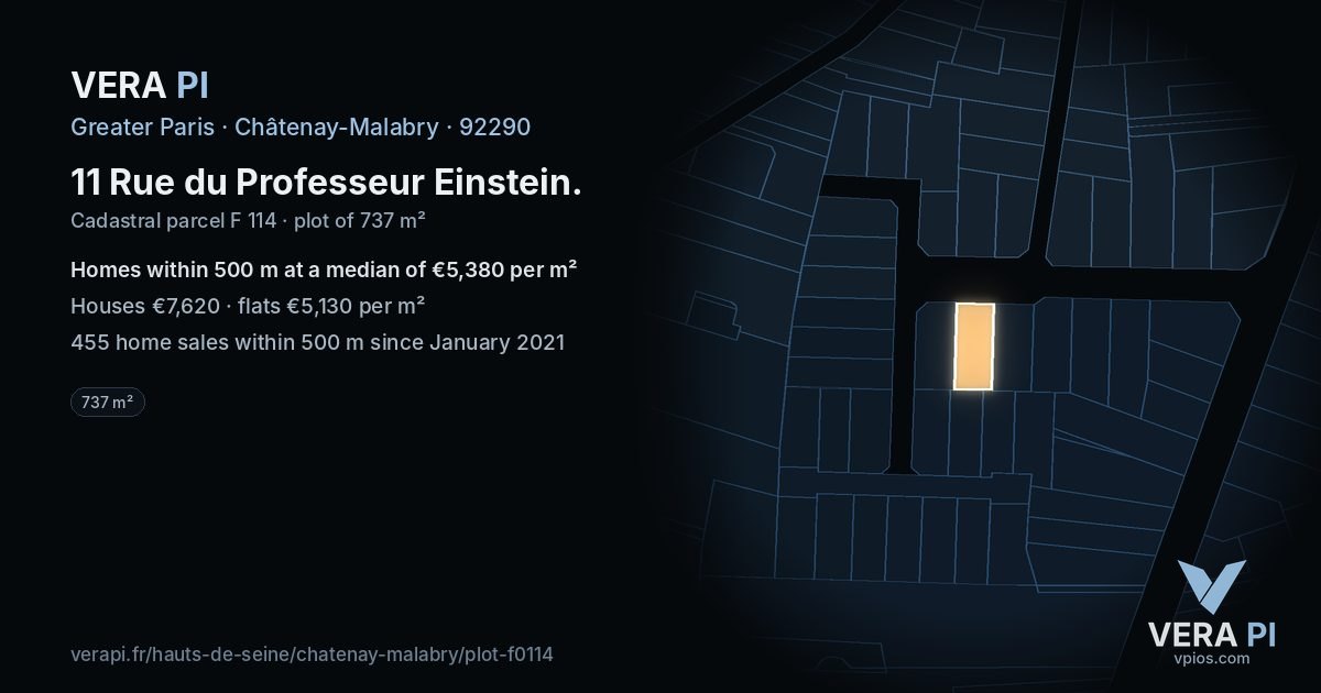 11 Rue du Professeur Einstein, Châtenay-Malabry at night – the plot lit, the parcels around coloured by the prices near them