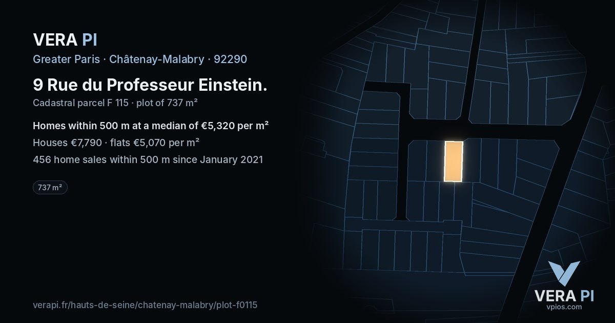 9 Rue du Professeur Einstein, Châtenay-Malabry at night – the plot lit, the parcels around coloured by the prices near them