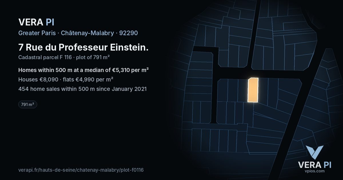 7 Rue du Professeur Einstein, Châtenay-Malabry at night – the plot lit, the parcels around coloured by the prices near them
