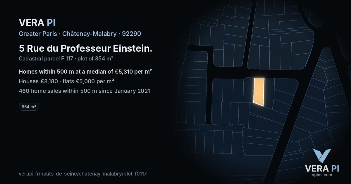 5 Rue du Professeur Einstein, Châtenay-Malabry at night – the plot lit, the parcels around coloured by the prices near them