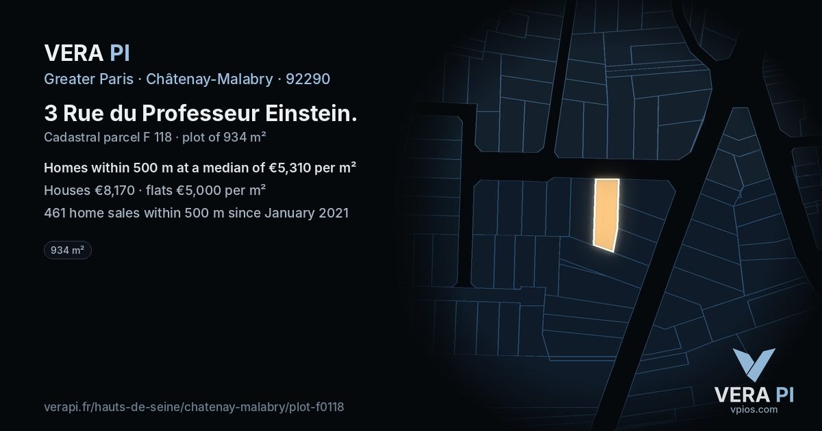 3 Rue du Professeur Einstein, Châtenay-Malabry at night – the plot lit, the parcels around coloured by the prices near them