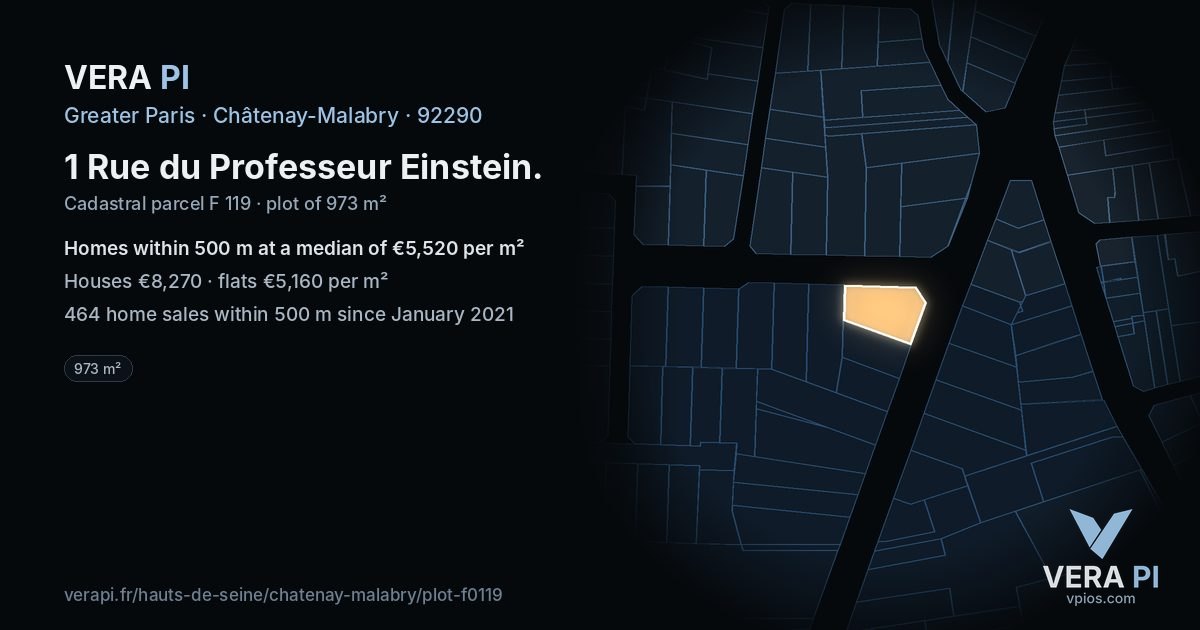 1 Rue du Professeur Einstein, Châtenay-Malabry at night – the plot lit, the parcels around coloured by the prices near them