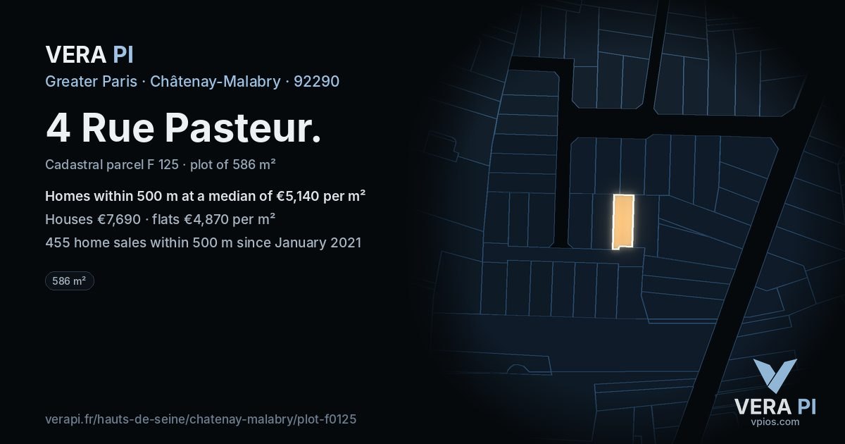 4 Rue Pasteur, Châtenay-Malabry at night – the plot lit, the parcels around coloured by the prices near them