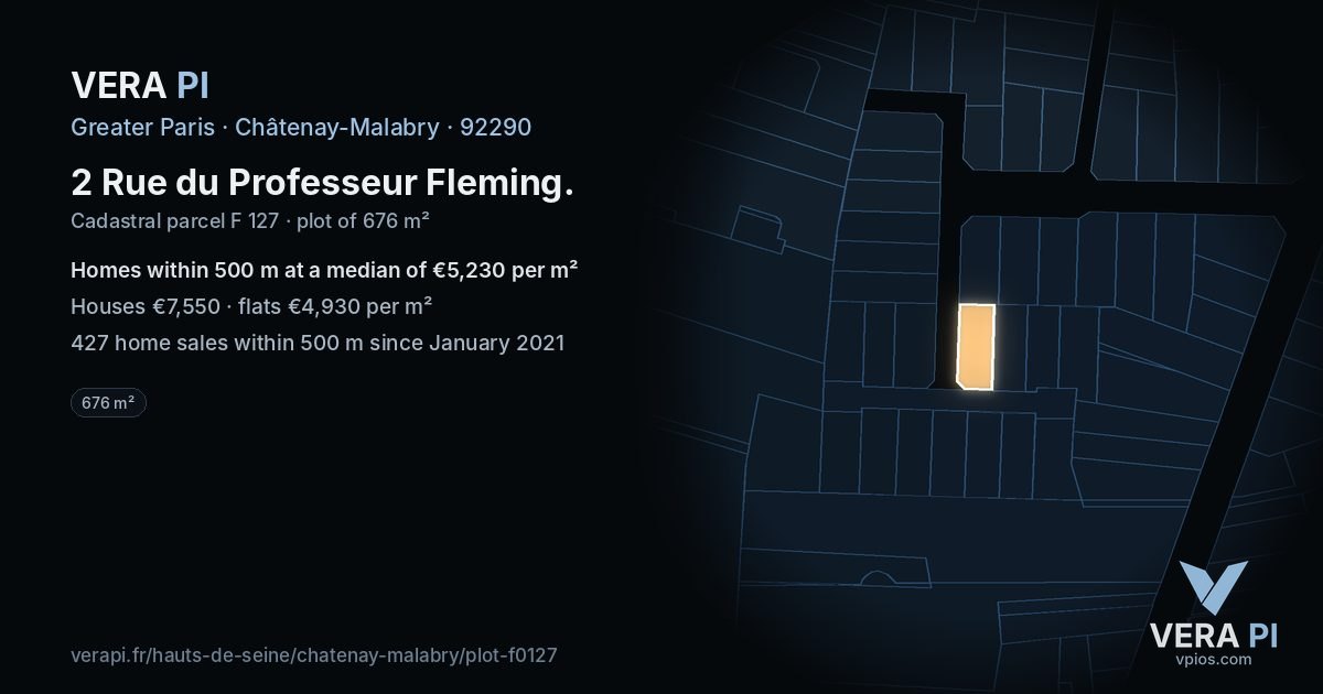 2 Rue du Professeur Fleming, Châtenay-Malabry at night – the plot lit, the parcels around coloured by the prices near them