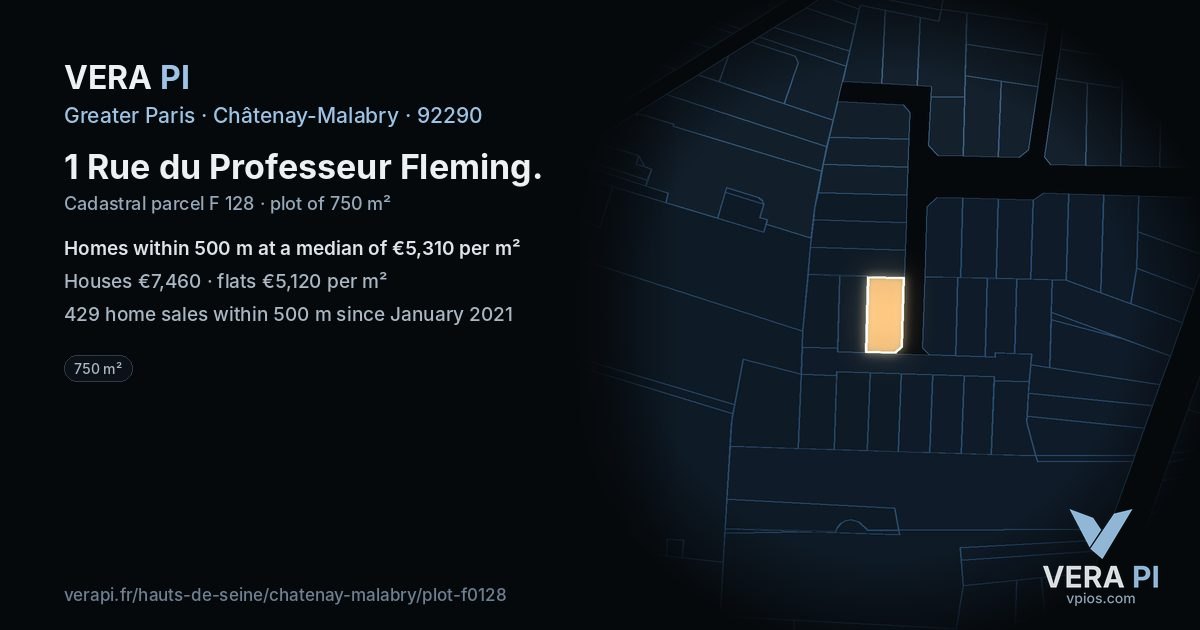 1 Rue du Professeur Fleming, Châtenay-Malabry at night – the plot lit, the parcels around coloured by the prices near them