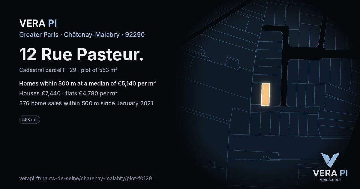 12 Rue Pasteur, Châtenay-Malabry at night – the plot lit, the parcels around coloured by the prices near them