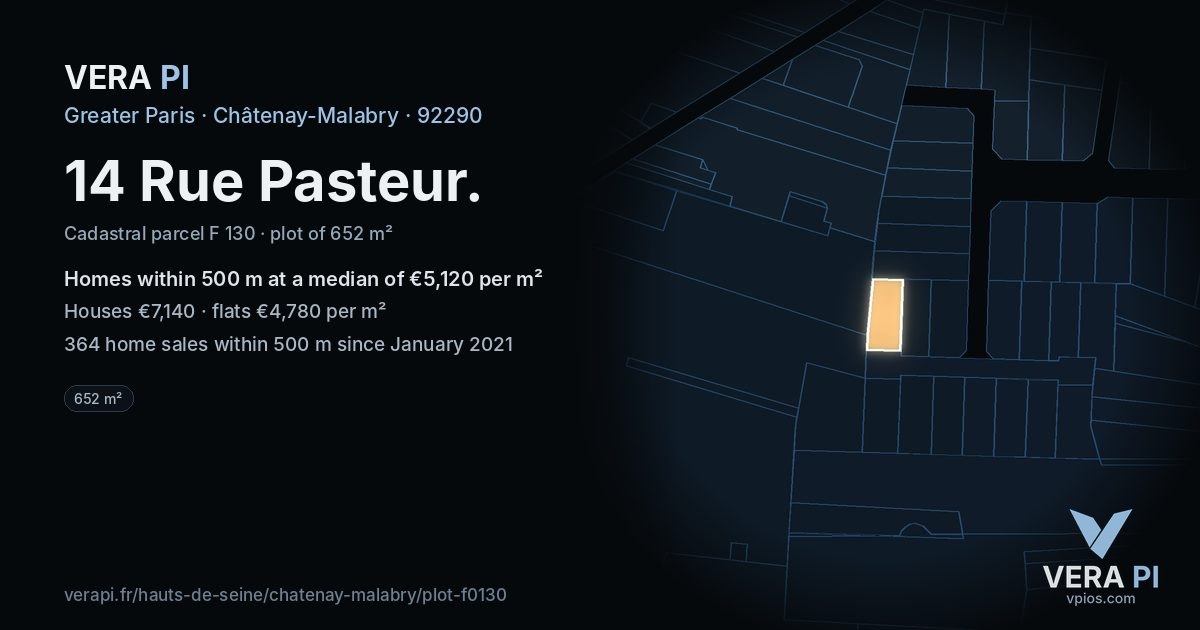 14 Rue Pasteur, Châtenay-Malabry at night – the plot lit, the parcels around coloured by the prices near them