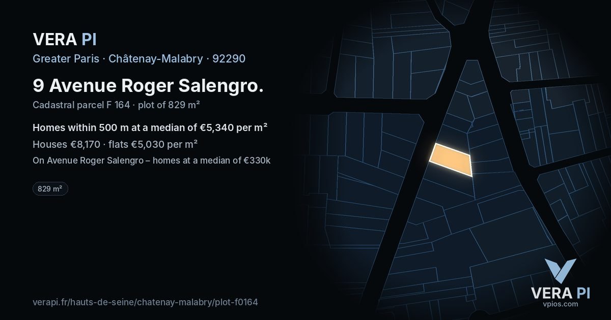 9 Avenue Roger Salengro, Châtenay-Malabry at night – the plot lit, the parcels around coloured by the prices near them