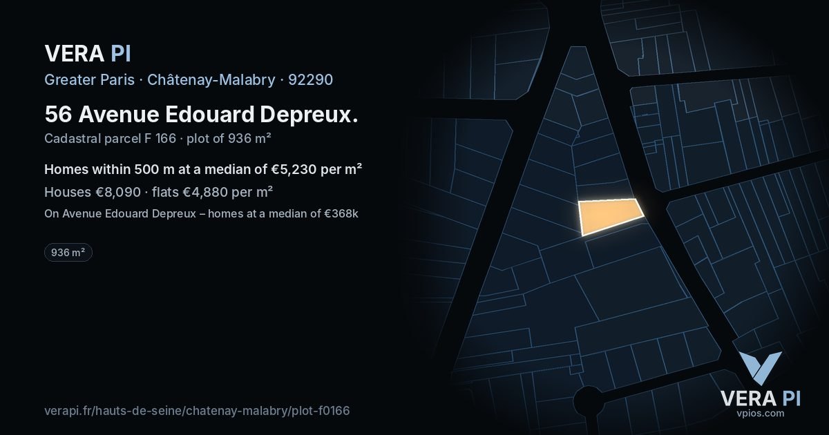 56 Avenue Edouard Depreux, Châtenay-Malabry at night – the plot lit, the parcels around coloured by the prices near them
