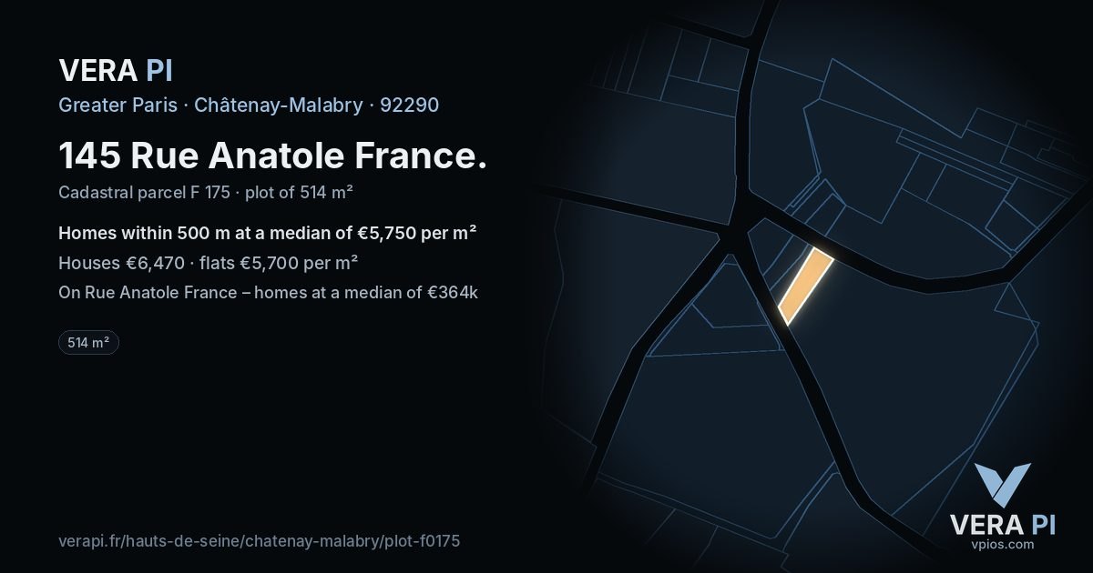 145 Rue Anatole France, Châtenay-Malabry at night – the plot lit, the parcels around coloured by the prices near them