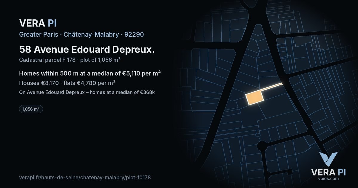 58 Avenue Edouard Depreux, Châtenay-Malabry at night – the plot lit, the parcels around coloured by the prices near them