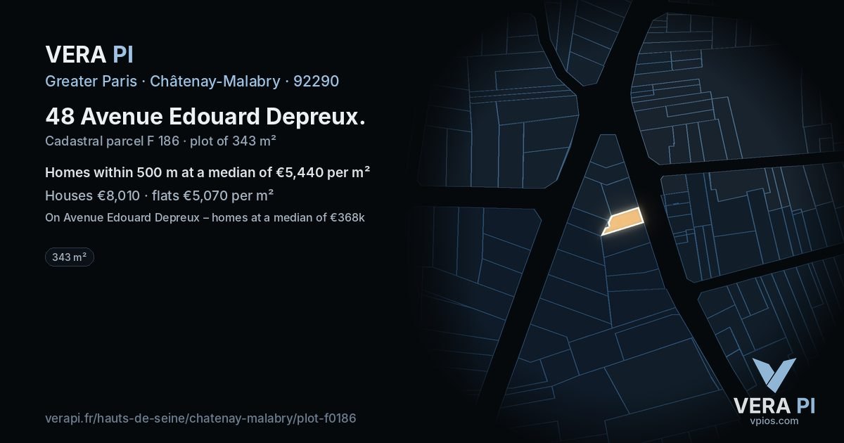 48 Avenue Edouard Depreux, Châtenay-Malabry at night – the plot lit, the parcels around coloured by the prices near them