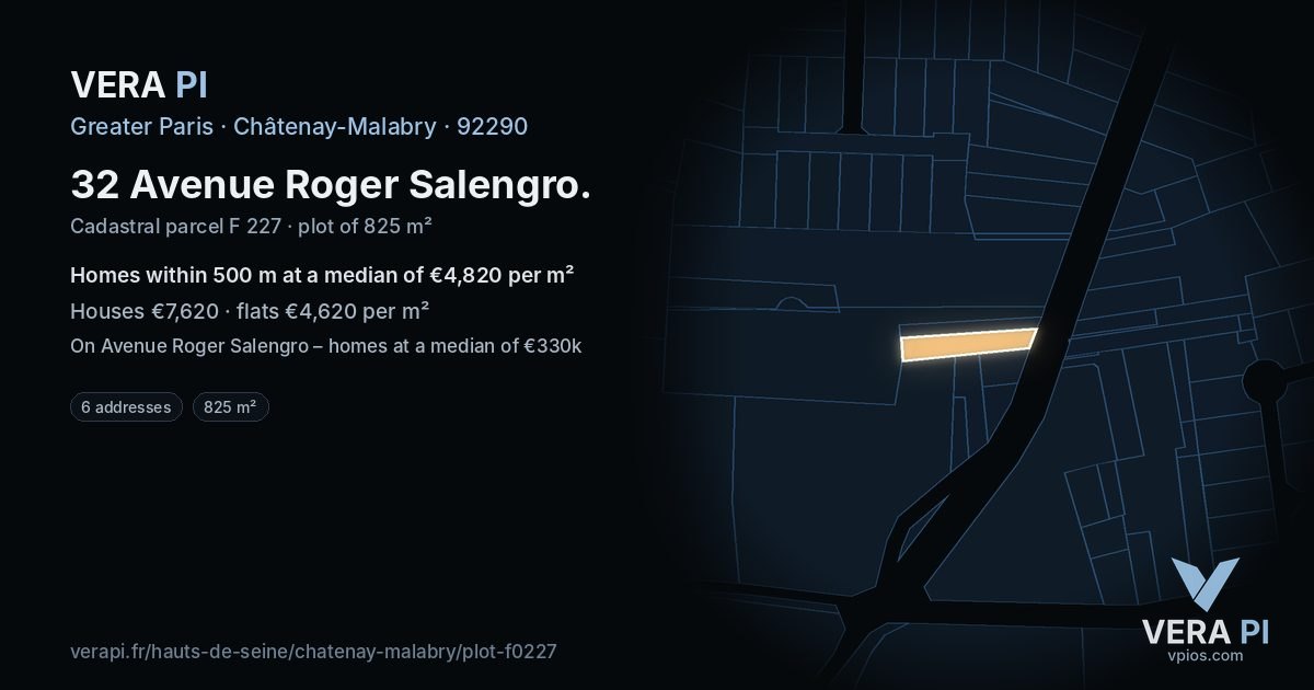 32 Avenue Roger Salengro, Châtenay-Malabry at night – the plot lit, the parcels around coloured by the prices near them