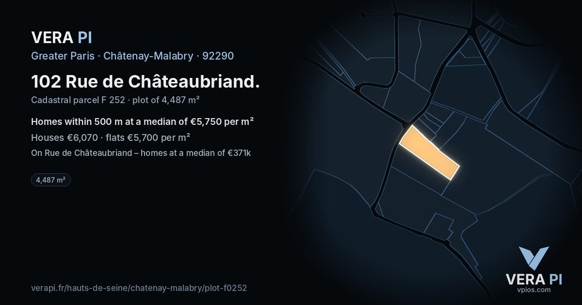 102 Rue de Châteaubriand, Châtenay-Malabry at night – the plot lit, the parcels around coloured by the prices near them
