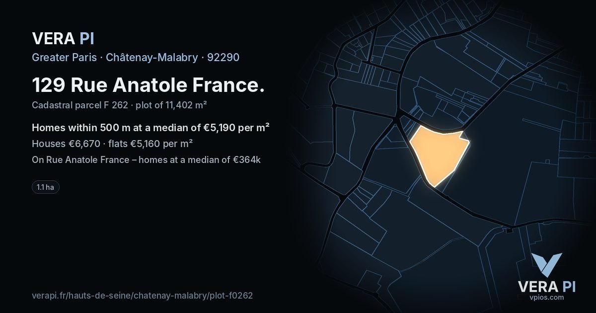 129 Rue Anatole France, Châtenay-Malabry at night – the plot lit, the parcels around coloured by the prices near them