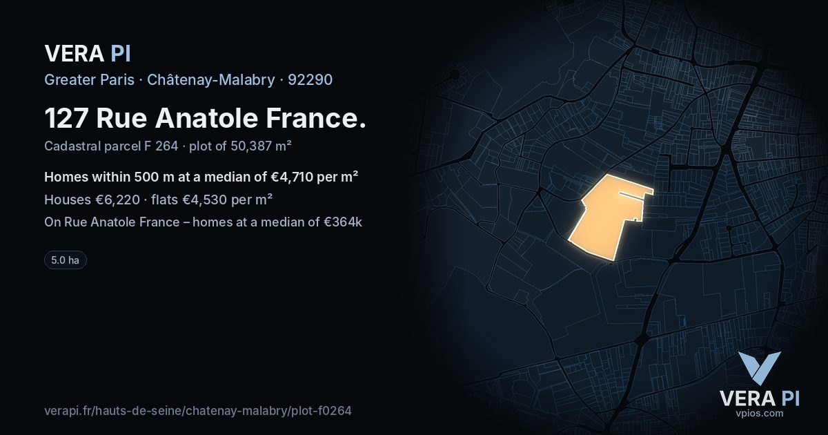 127 Rue Anatole France, Châtenay-Malabry at night – the plot lit, the parcels around coloured by the prices near them