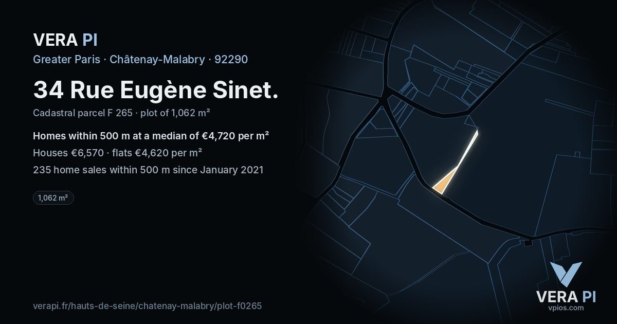 34 Rue Eugène Sinet, Châtenay-Malabry at night – the plot lit, the parcels around coloured by the prices near them