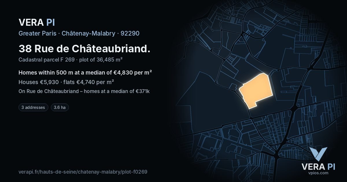 38 Rue de Châteaubriand, Châtenay-Malabry at night – the plot lit, the parcels around coloured by the prices near them
