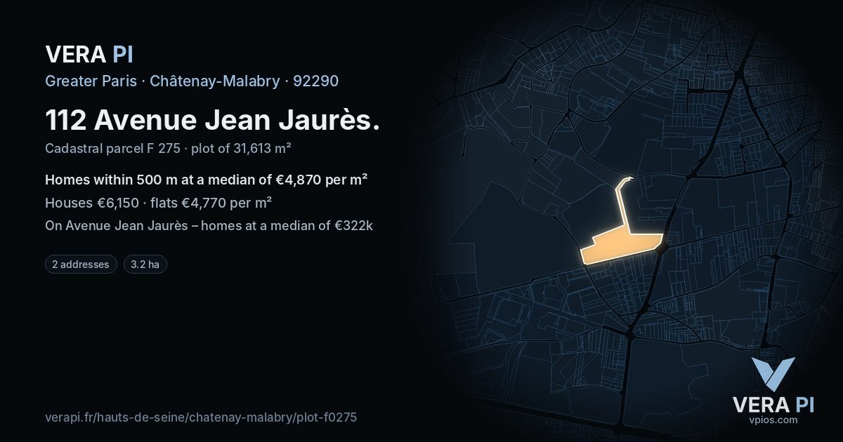 112 Avenue Jean Jaurès, Châtenay-Malabry at night – the plot lit, the parcels around coloured by the prices near them