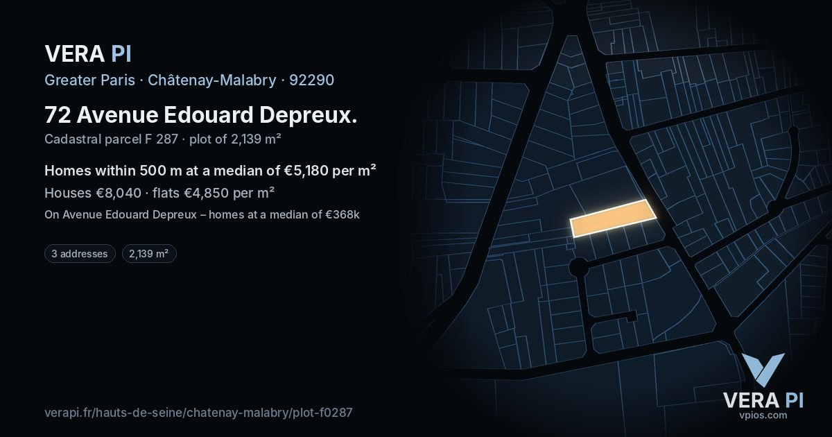 72 Avenue Edouard Depreux, Châtenay-Malabry at night – the plot lit, the parcels around coloured by the prices near them
