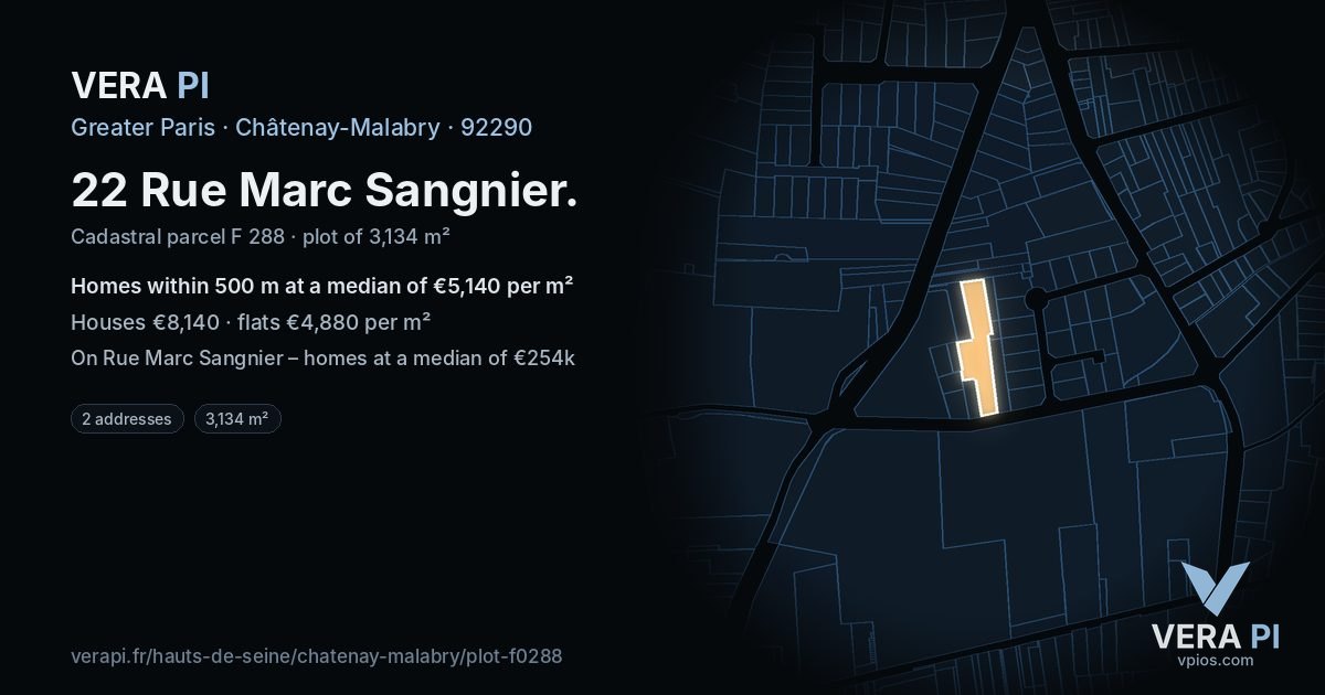 22 Rue Marc Sangnier, Châtenay-Malabry at night – the plot lit, the parcels around coloured by the prices near them