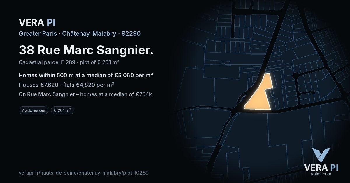 38 Rue Marc Sangnier, Châtenay-Malabry at night – the plot lit, the parcels around coloured by the prices near them