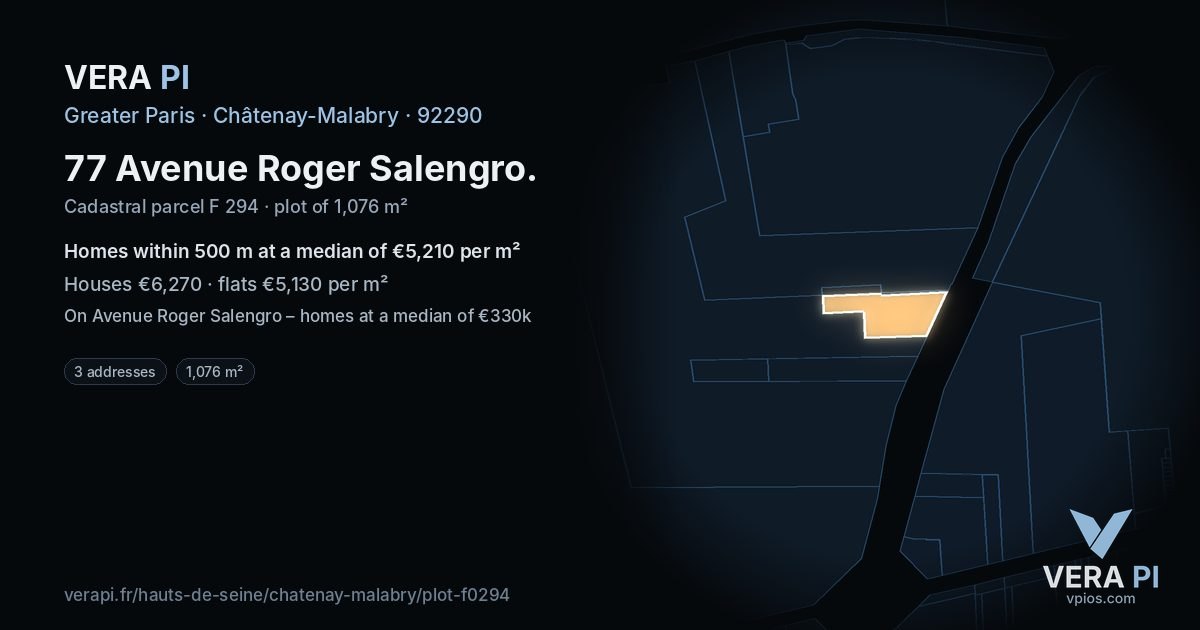 77 Avenue Roger Salengro, Châtenay-Malabry at night – the plot lit, the parcels around coloured by the prices near them