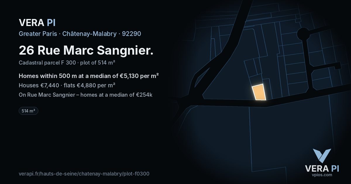 26 Rue Marc Sangnier, Châtenay-Malabry at night – the plot lit, the parcels around coloured by the prices near them