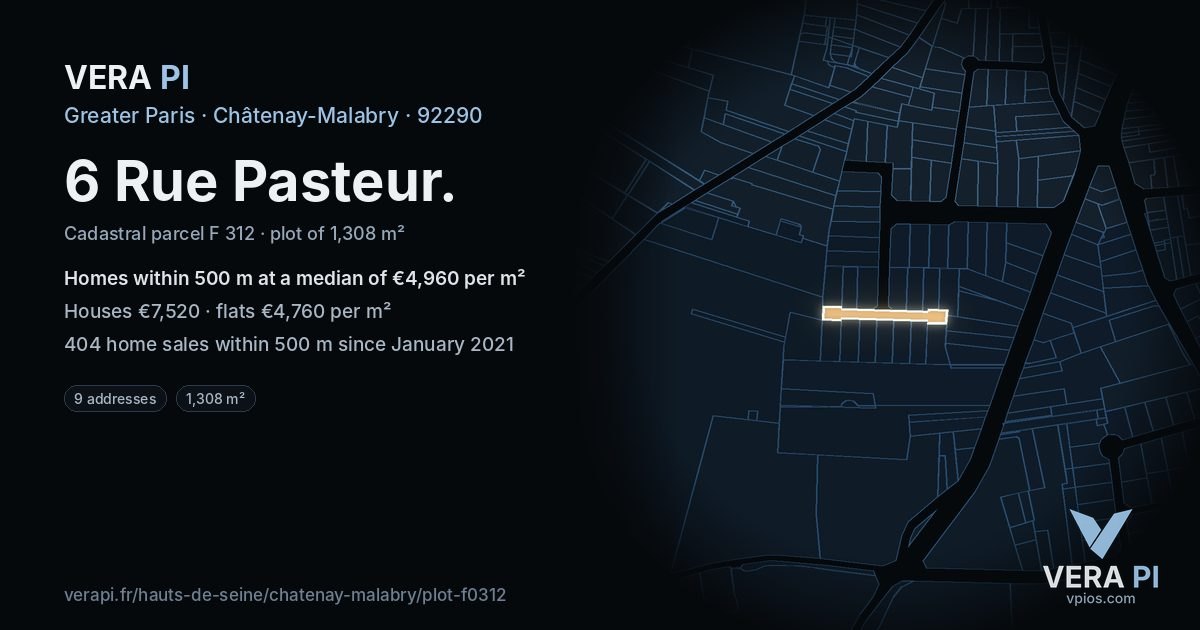 6 Rue Pasteur, Châtenay-Malabry at night – the plot lit, the parcels around coloured by the prices near them