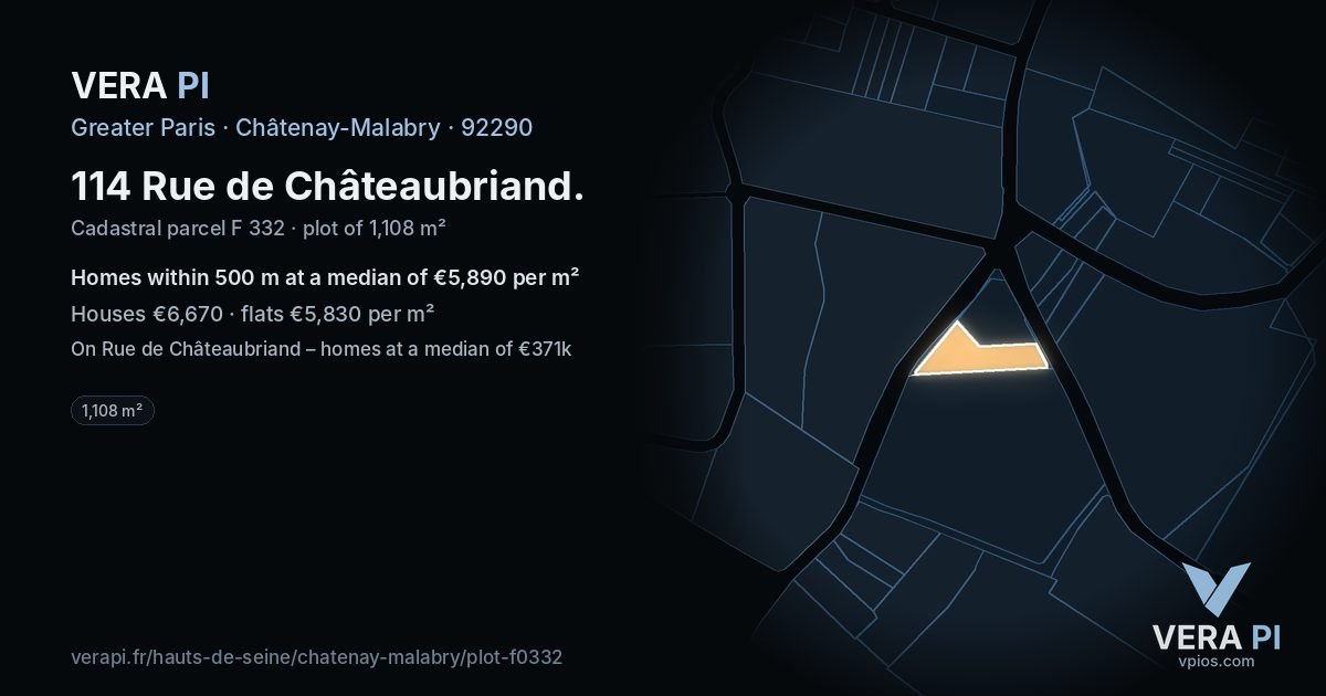 114 Rue de Châteaubriand, Châtenay-Malabry at night – the plot lit, the parcels around coloured by the prices near them
