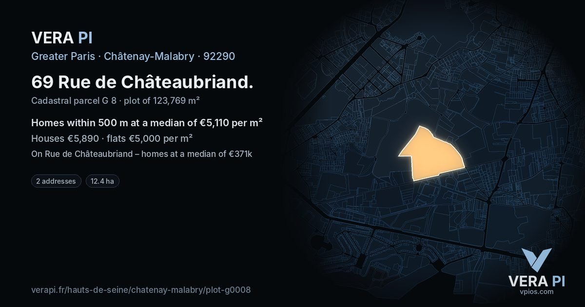 69 Rue de Châteaubriand, Châtenay-Malabry at night – the plot lit, the parcels around coloured by the prices near them