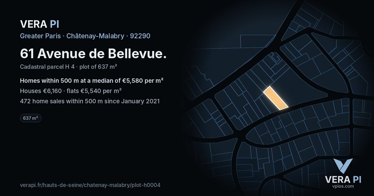 61 Avenue de Bellevue, Châtenay-Malabry at night – the plot lit, the parcels around coloured by the prices near them