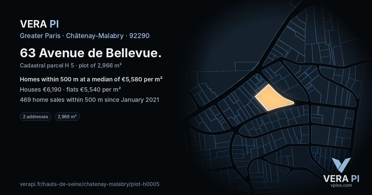 63 Avenue de Bellevue, Châtenay-Malabry at night – the plot lit, the parcels around coloured by the prices near them