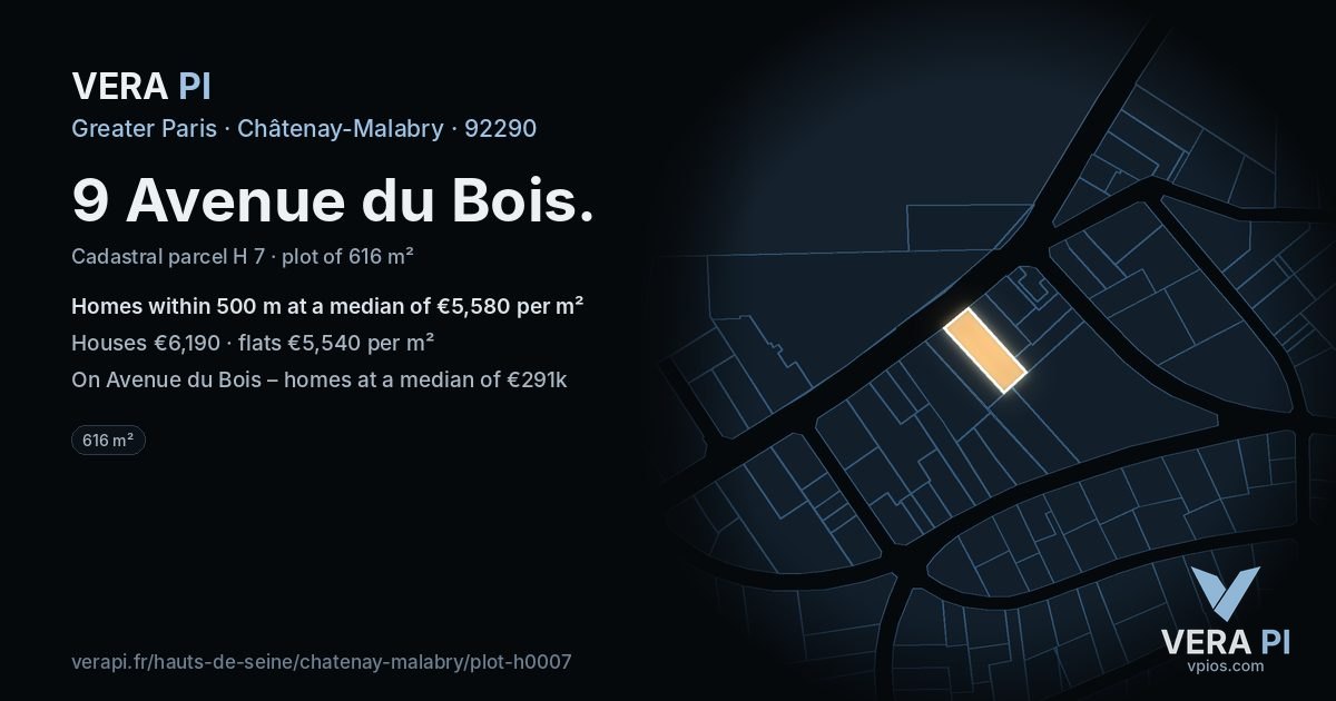 9 Avenue du Bois, Châtenay-Malabry at night – the plot lit, the parcels around coloured by the prices near them
