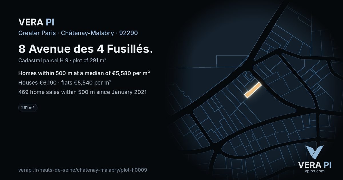 8 Avenue des 4 Fusillés, Châtenay-Malabry at night – the plot lit, the parcels around coloured by the prices near them