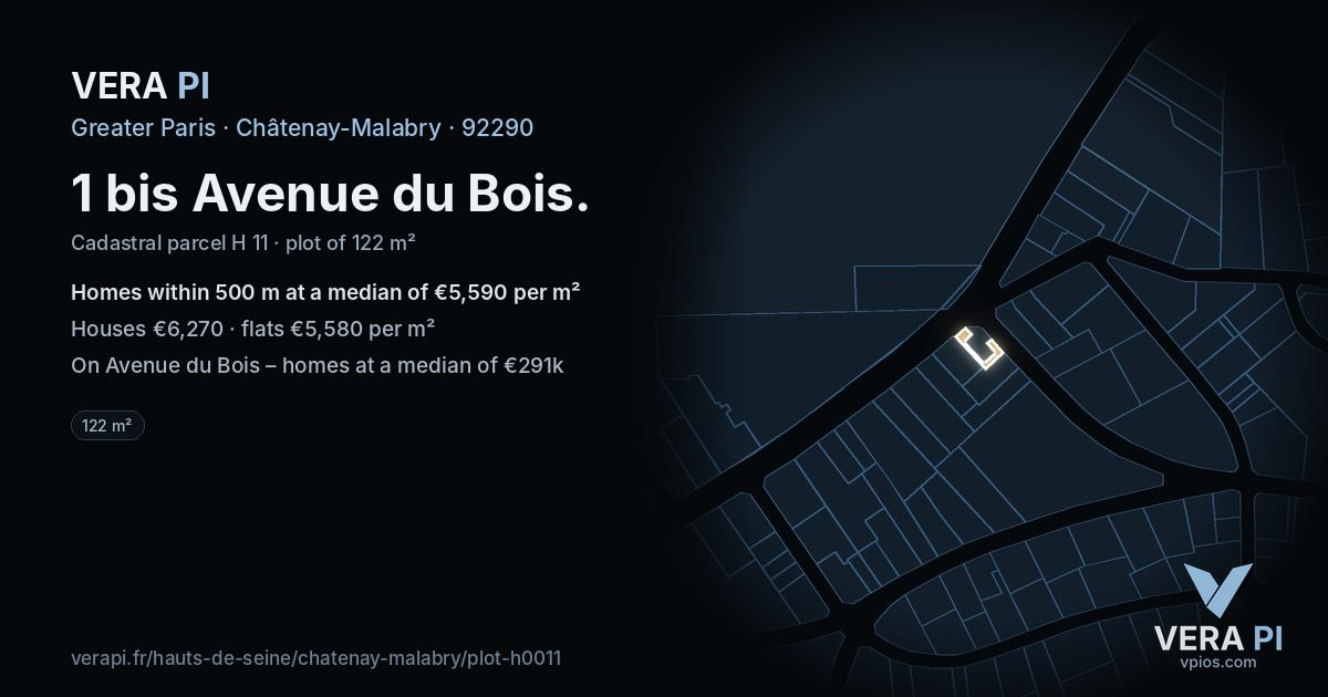 1 bis Avenue du Bois, Châtenay-Malabry at night – the plot lit, the parcels around coloured by the prices near them