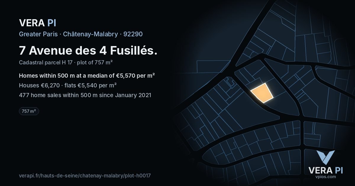 7 Avenue des 4 Fusillés, Châtenay-Malabry at night – the plot lit, the parcels around coloured by the prices near them