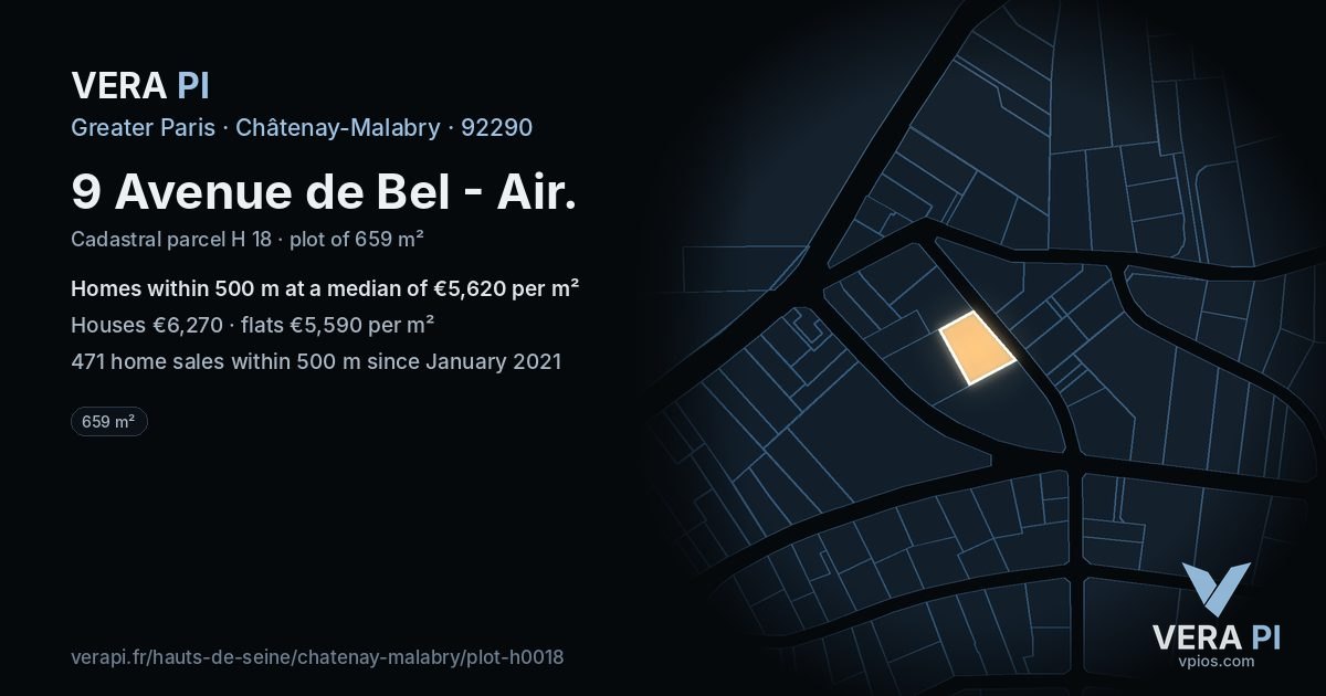 9 Avenue de Bel - Air, Châtenay-Malabry at night – the plot lit, the parcels around coloured by the prices near them