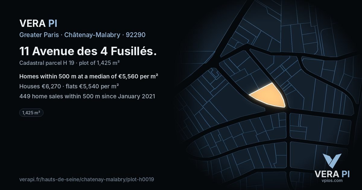 11 Avenue des 4 Fusillés, Châtenay-Malabry at night – the plot lit, the parcels around coloured by the prices near them