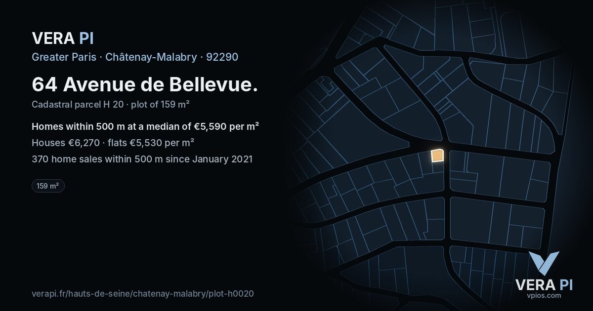 64 Avenue de Bellevue, Châtenay-Malabry at night – the plot lit, the parcels around coloured by the prices near them