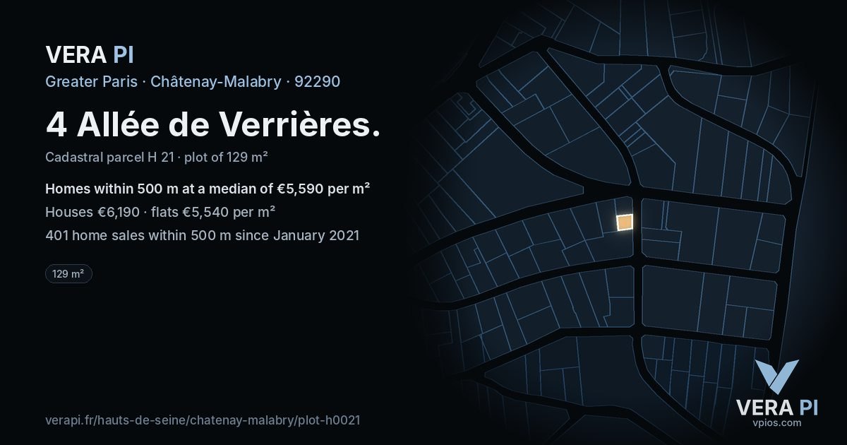4 Allée de Verrières, Châtenay-Malabry at night – the plot lit, the parcels around coloured by the prices near them
