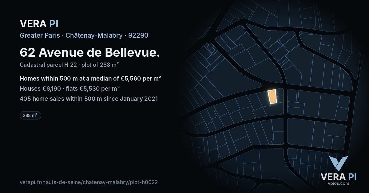 62 Avenue de Bellevue, Châtenay-Malabry at night – the plot lit, the parcels around coloured by the prices near them