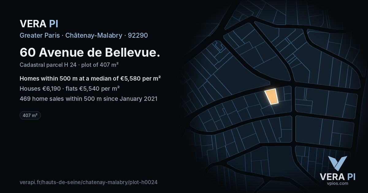60 Avenue de Bellevue, Châtenay-Malabry at night – the plot lit, the parcels around coloured by the prices near them