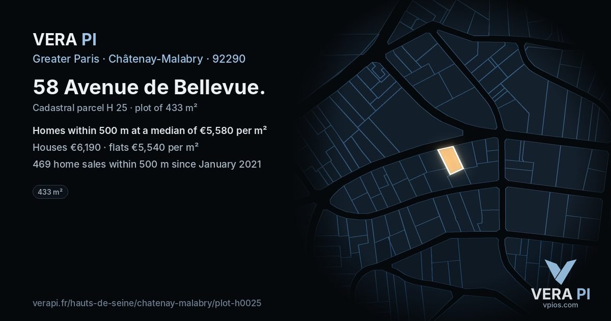 58 Avenue de Bellevue, Châtenay-Malabry at night – the plot lit, the parcels around coloured by the prices near them