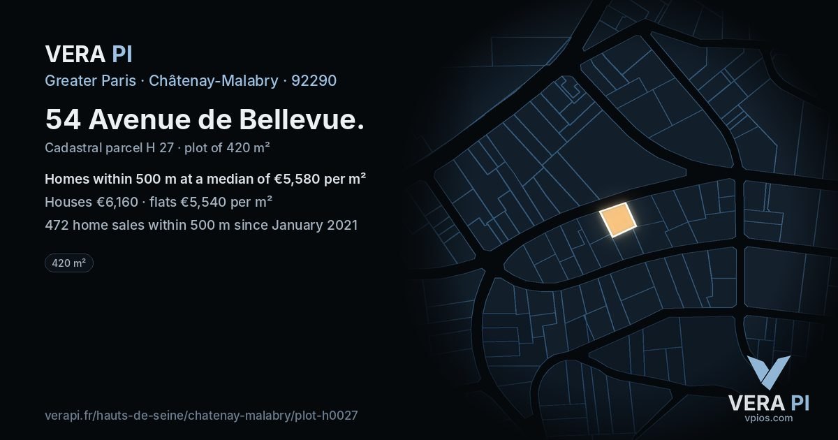 54 Avenue de Bellevue, Châtenay-Malabry at night – the plot lit, the parcels around coloured by the prices near them